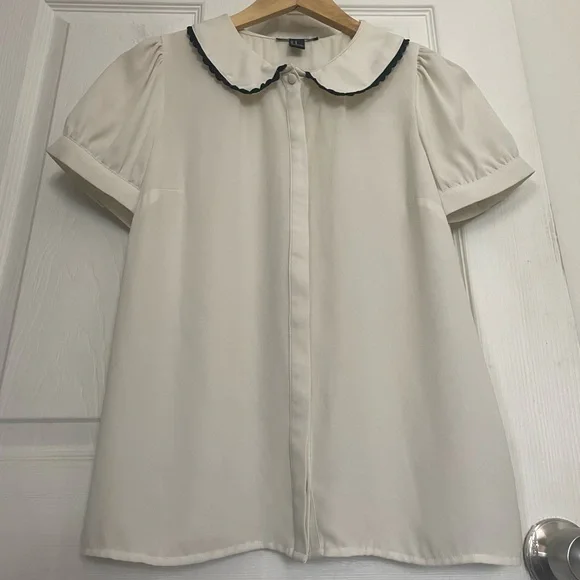 White Button Blouse with Black Lace Peter Pen Collar Schoolgirl Cosplay Coquette - Picture 3 of 12